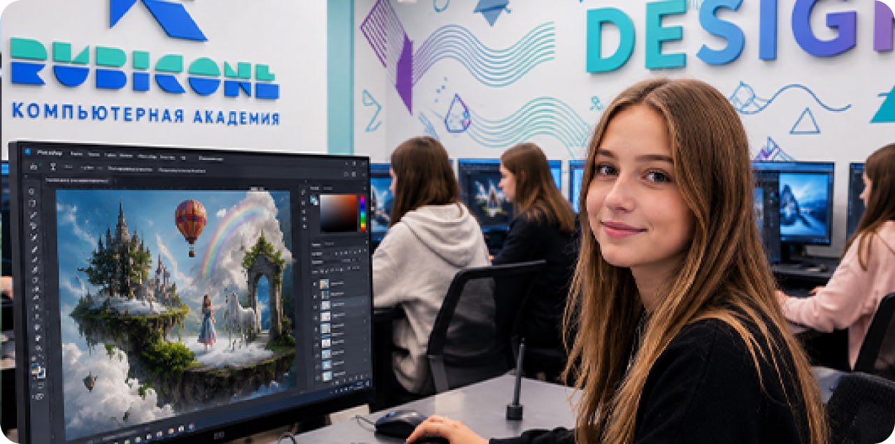Девочка создает проект в Photoshop